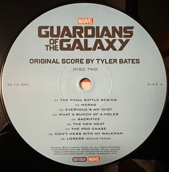 Guardians Of The Galaxy Deluxe Vinyl Edition, disc two Tyler Bates original score label, side A