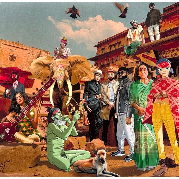 Gatefold inner artwork, left panel with a decorated elephant and street scene