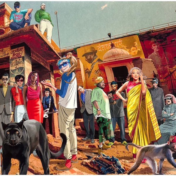 Gatefold inner artwork, right panel with the band and guest performers in a street scene