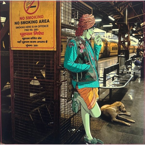 Printed inner sleeve artwork, character on a railway platform
