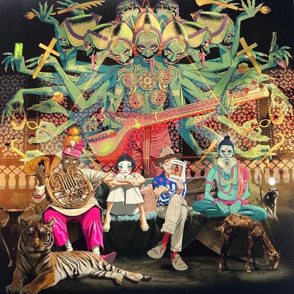 Rear sleeve artwork, band seated in front of a large multi-armed figure holding a stringed instrument