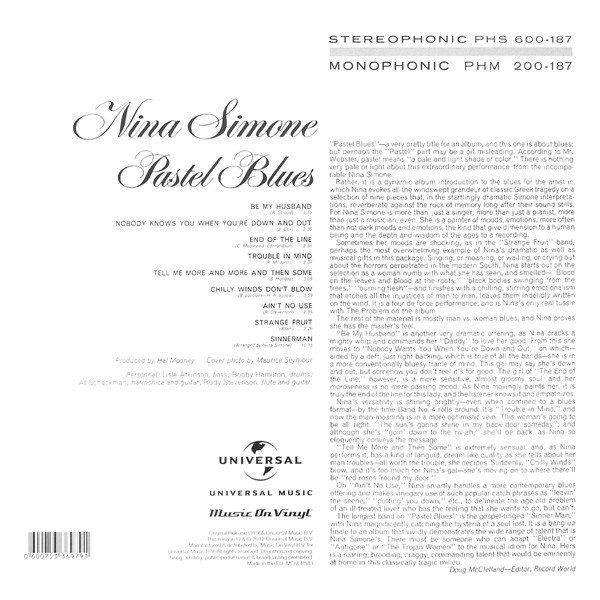 Nina Simone Pastel Blues rear sleeve with tracklist and sleeve notes