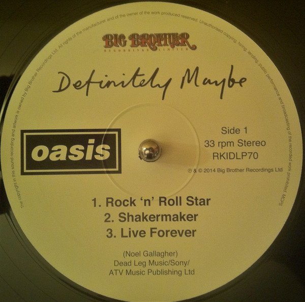 Oasis Definitely Maybe side 1 record label, Big Brother RKIDLP70