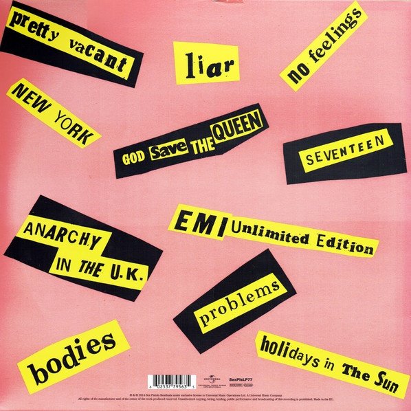 Rear sleeve with ransom note track titles, SexPisLP77 catalogue number and barcode