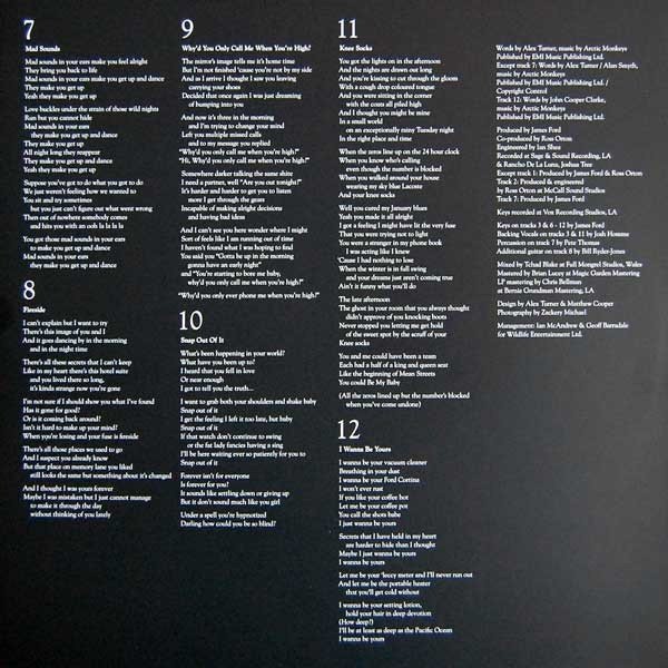 Arctic Monkeys - AM (LP) Vinyl, lyric insert side two covering tracks seven to twelve with credits