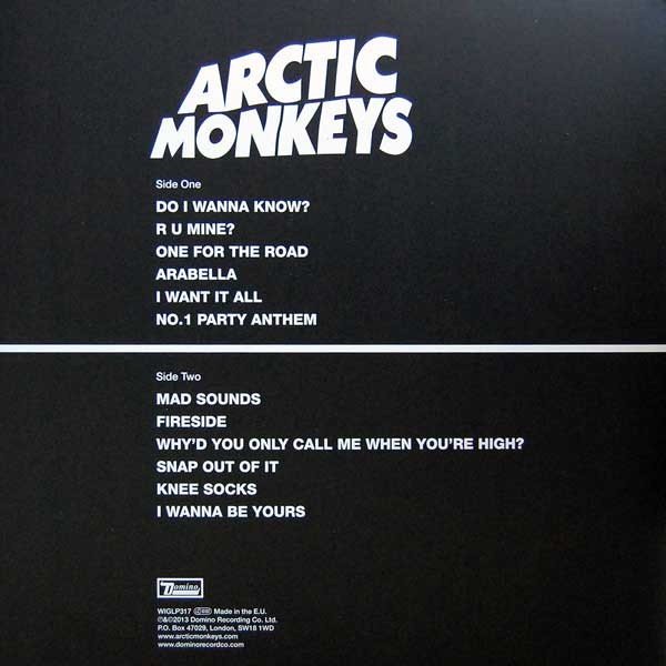 Arctic Monkeys - AM (LP) Vinyl, rear sleeve with the side one and side two track listing