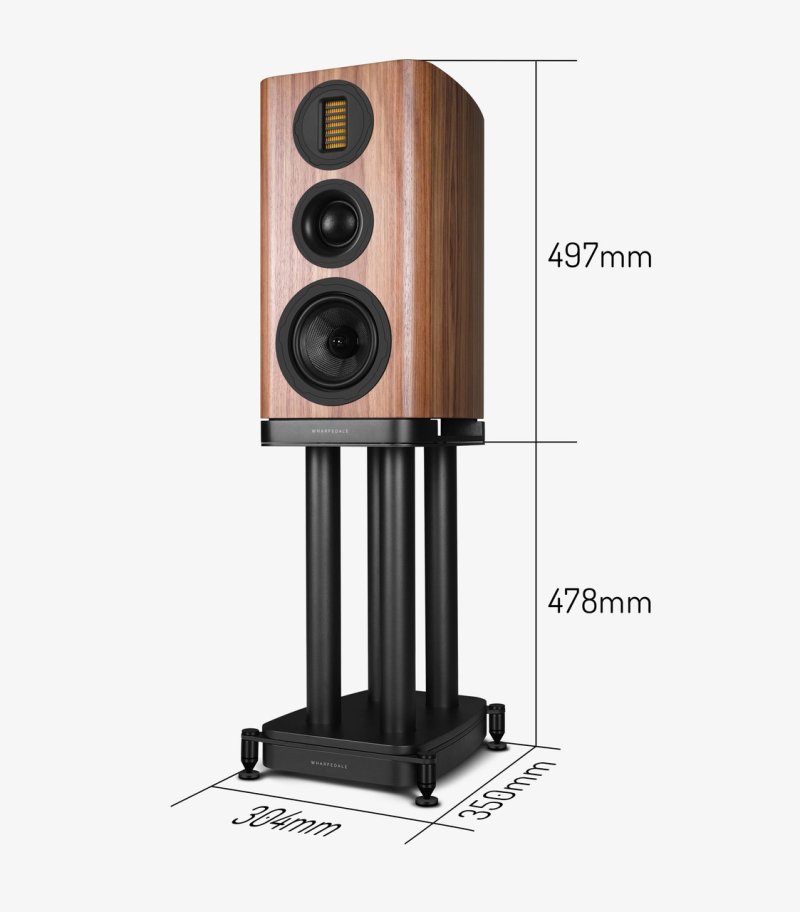 Wharfedale Evo 5.2 Speaker Stand with EVO 5.2 speaker and dimensions