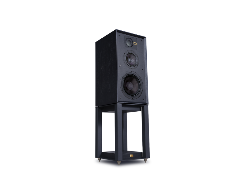 Wharfedale Linton Standmount Speakers Black Oak (Pair) — hero view with stand