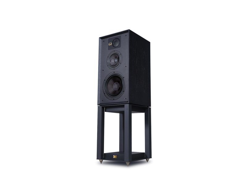 Wharfedale Linton Standmount Speakers Black Oak (Pair) — side view with stand