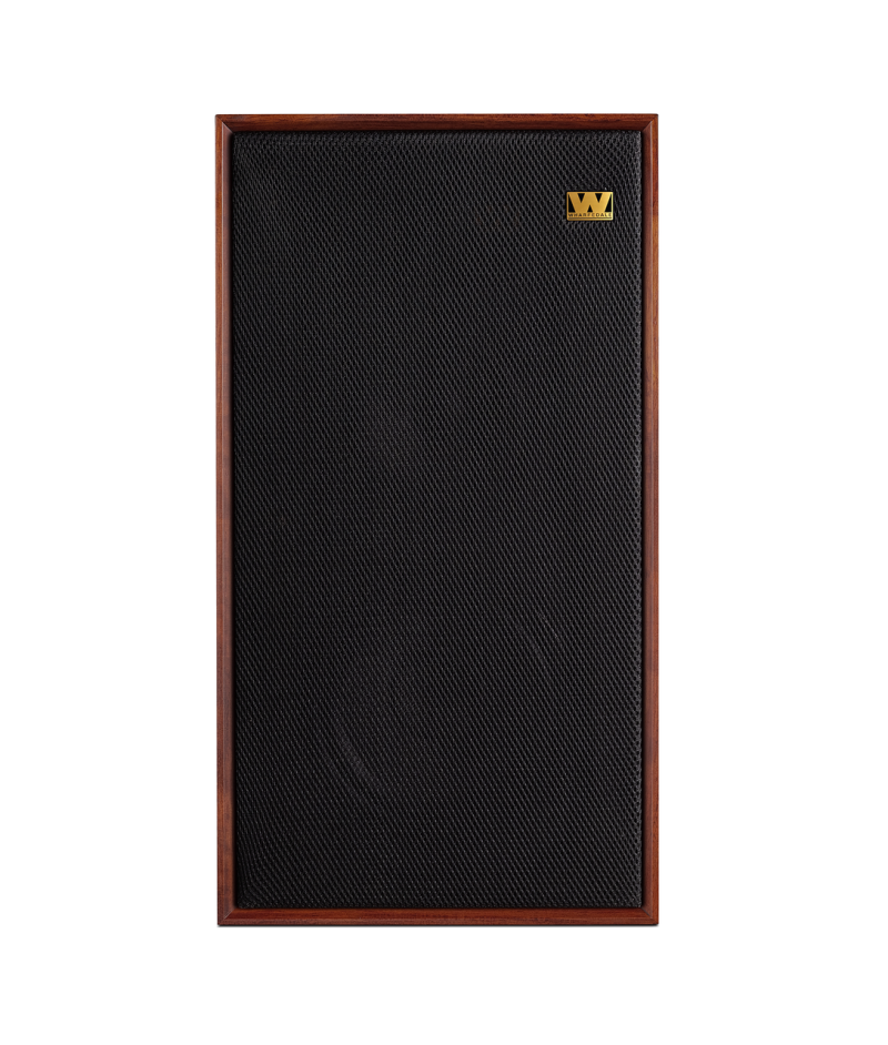 Wharfedale Linton Standmount Speakers Mahogany Red (Pair) — front view (grille on)