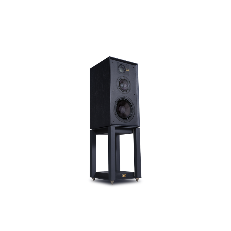 Wharfedale Linton Speaker Stands Black Oak (Pair) — three-quarter view with speaker