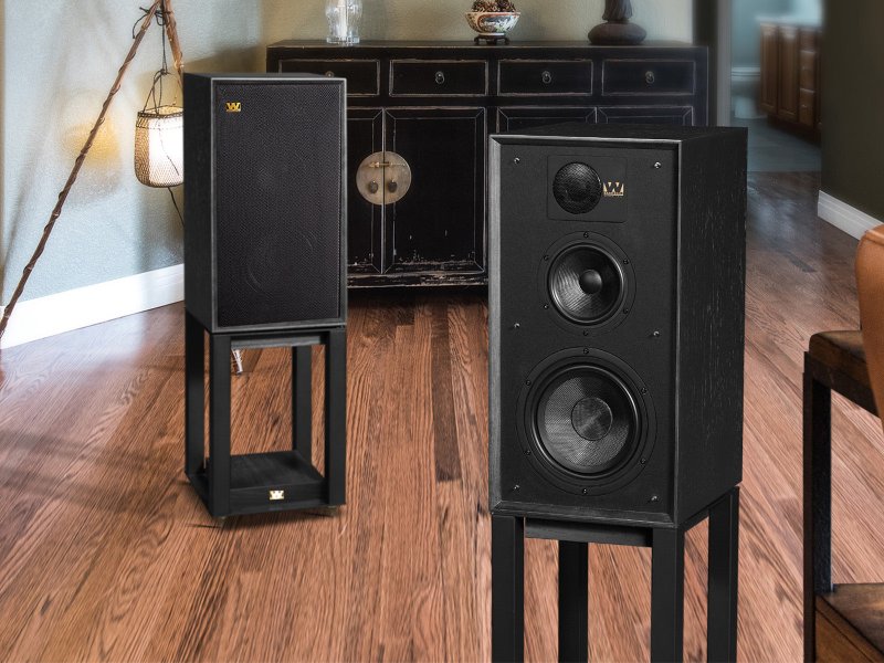 Wharfedale Linton Black Oak Pair on Linton Stands Lifestyle