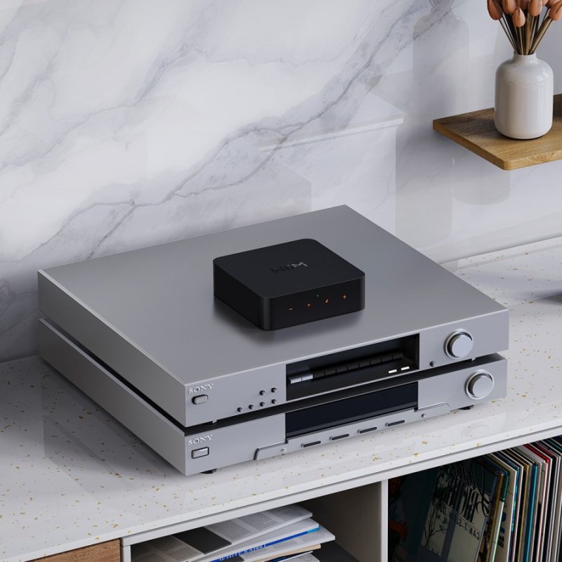 WiiM Pro Audio Streamer on hi-fi stack in living room