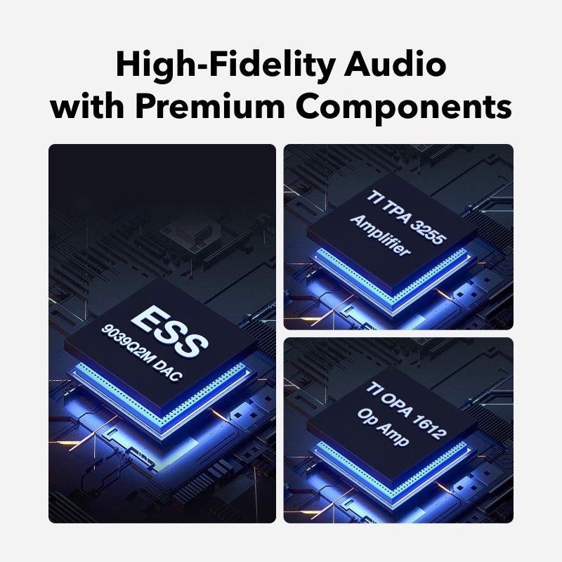 WiiM Vibelink Amp internal components: ESS 9039Q2M DAC, TPA3255, OPA1612