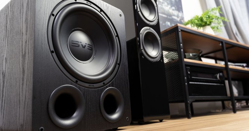 SVS PB-1000 Pro Subwoofer Black Ash — lifestyle, dual subwoofer setup